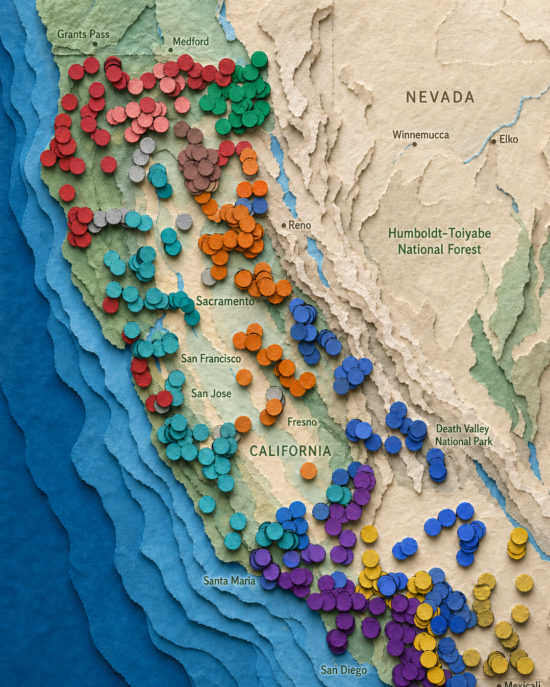 Sampling-effort map of California showing geographic spread of insect specimens barcoded under the California Insect Barcoding Initiative.