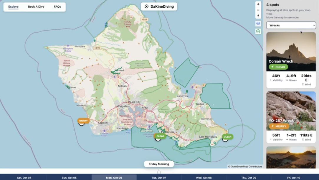 DaKineDiving interactive map of O'ahu showing dive sites, real-time conditions, and marine biodiversity overlays