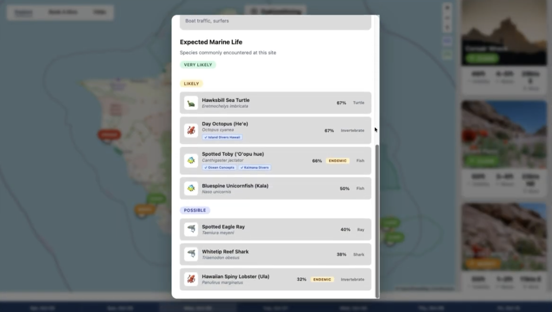 DaKineDiving interactive map of O'ahu showing dive sites, real-time conditions, and marine biodiversity overlays