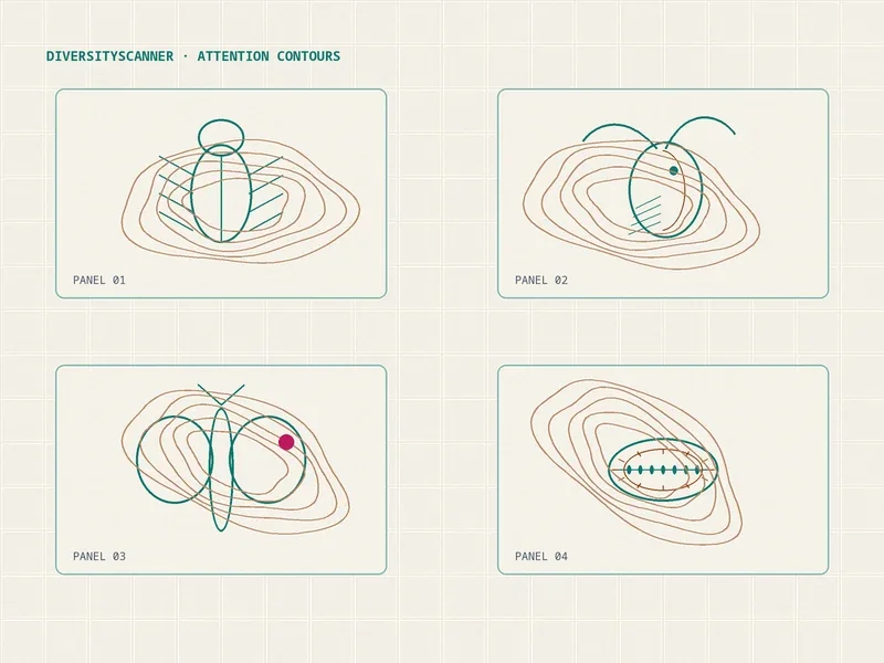 Four specimen panels overlaid with topographic-style attention contours in the BioKEA cream palette.
