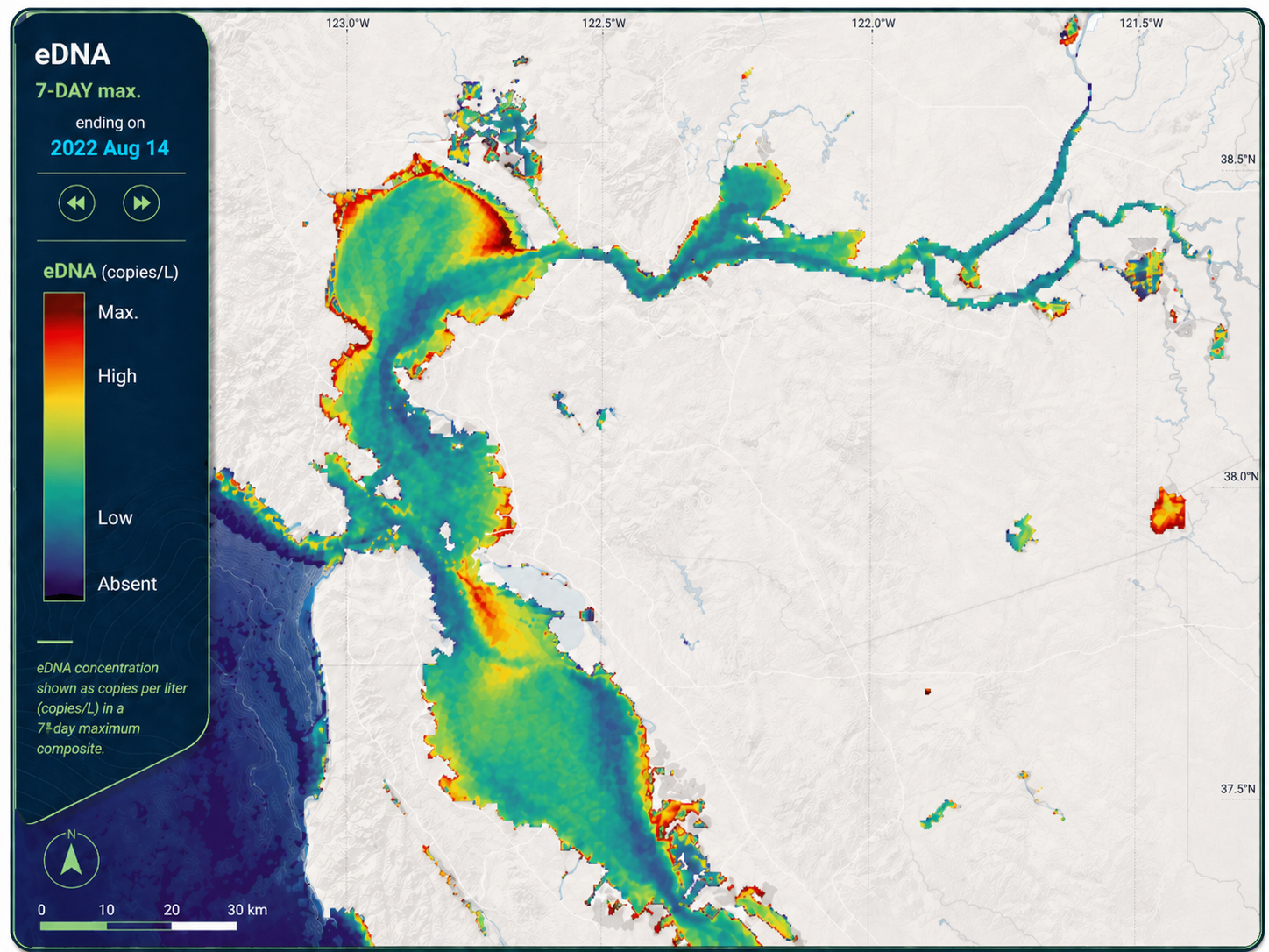 Map of the San Francisco Bay-Delta estuary showing eDNA sampling stations for the metabarcoding baseline.