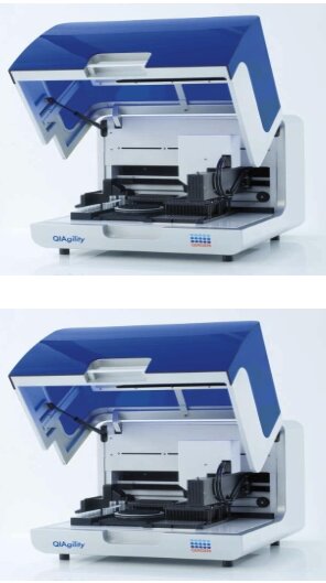 Two Qiagen QIAgility automated PCR prep systems stacked