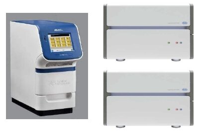 Applied Biosystems StepOne real-time PCR system beside two stacked Roche LightCycler 480 II systems