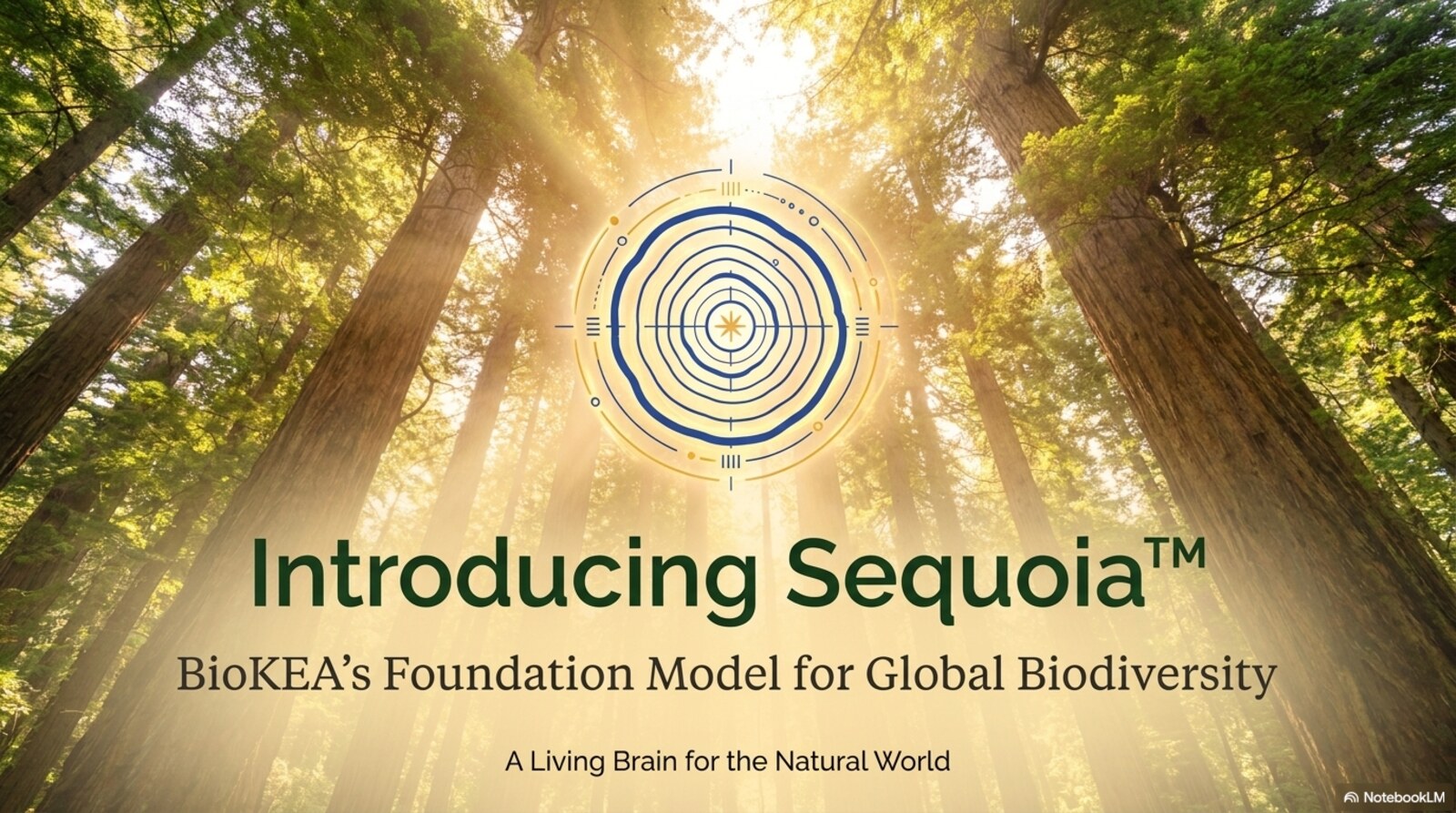 Sequoia title slide — a redwood canopy seen from below, with a stylized golden tree-ring icon at the center, and the words "Introducing Sequoia: BioKEA's Foundation Model for Global Biodiversity. A Living Brain for the Natural World."